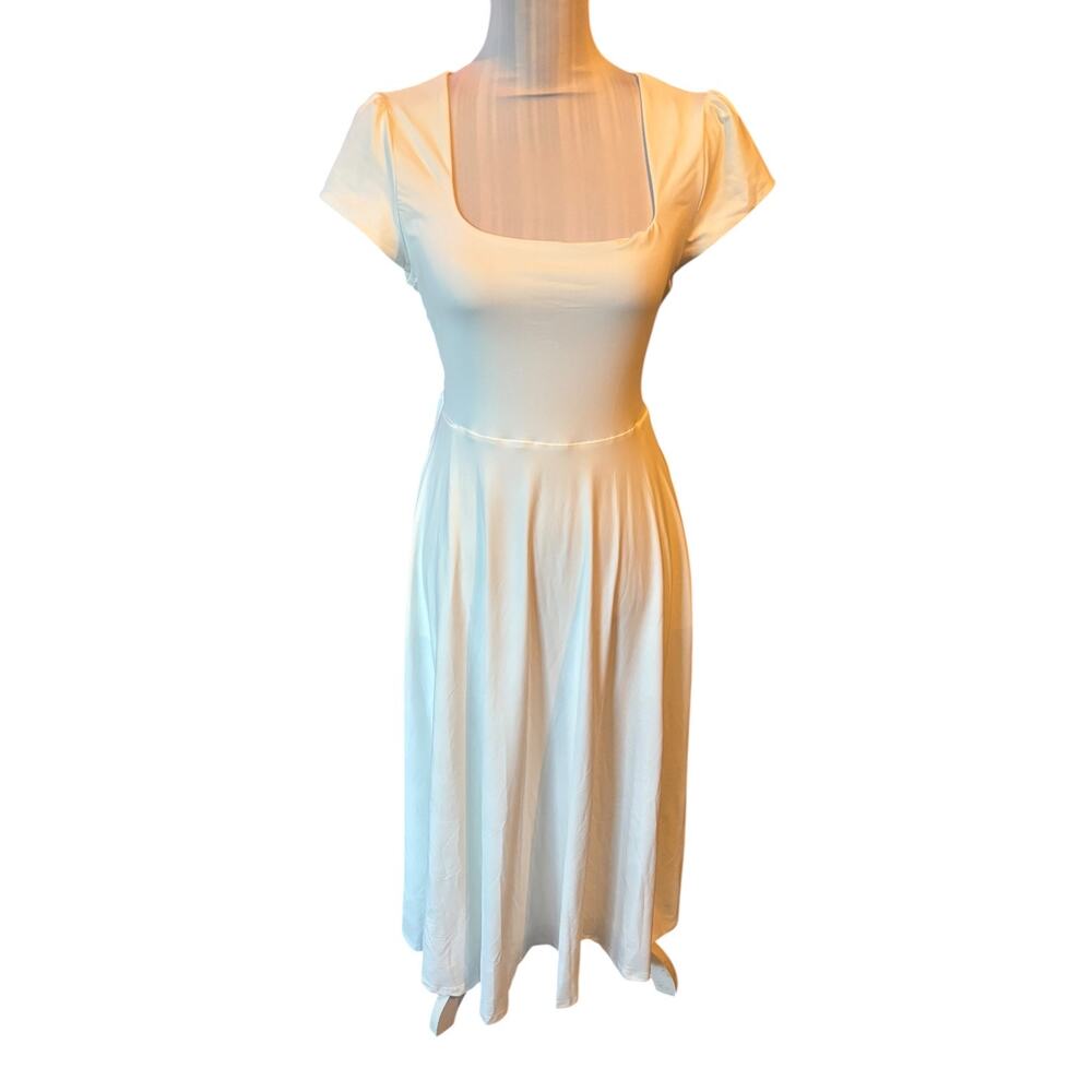 White Dress Square Neck NWOT Size L Flare Skirt Midi